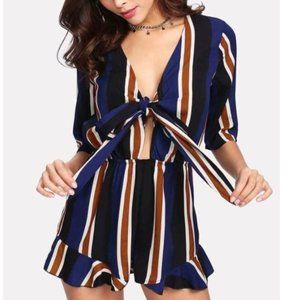Tie Front Ruffle Hem Striped Romper